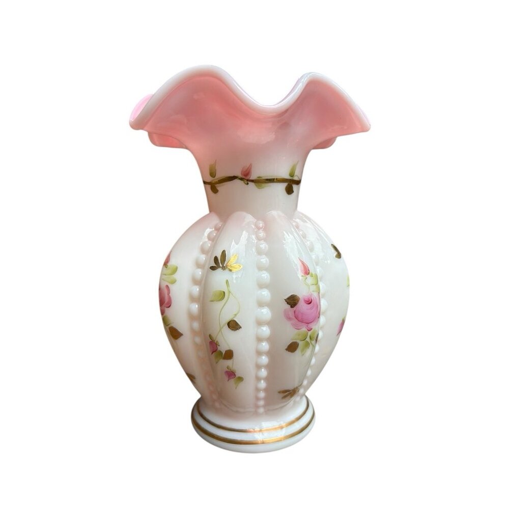Fenton Rosalene Charleton Collection Hand Painted Beaded Melon Vase 2002 Signed - Picture 1 of 9